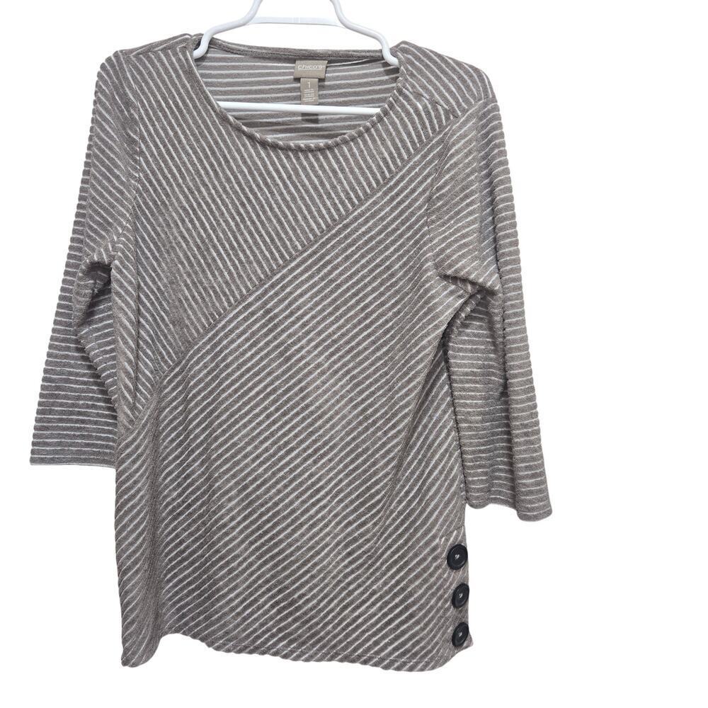 Chico's Striped Asymmetrical Button Hem Top Size 1 Medium 8 10